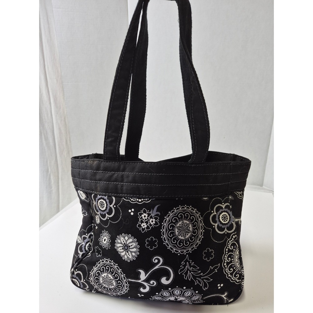 Thirty-One Black White Paisley Floral Canvas Tote Bag Shoulder Purse
